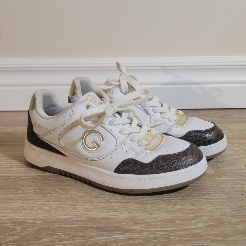 White and Gold Sneakers with Black Accents